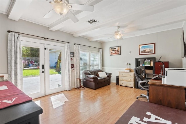 1324 Sunset St, Waco, TX 76710 - office space with ceiling fan, french doors, visible vents, beam ceiling, and light wood-style floors