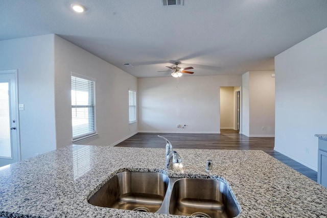 kitchen featuring light stone countertops, open floor plan, ceiling fan, dark wood-style floors, and a sink