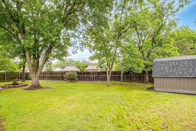 view of yard featuring a storage shed, an outdoor structure, and a fenced backyard