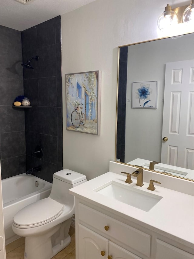 bathroom with toilet, tile patterned floors, shower / tub combination, and vanity