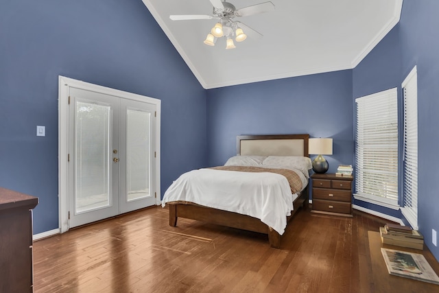 2630 Lakeforest Ct, Dallas, TX 75214 - bedroom featuring lofted ceiling, access to outside, french doors, ornamental molding, and wood finished floors