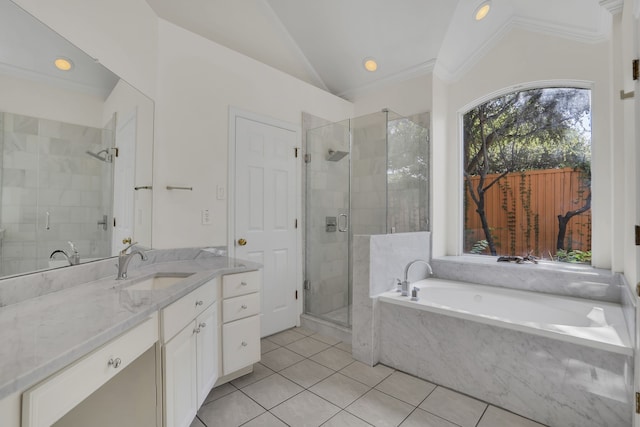 2630 Lakeforest Ct, Dallas, TX 75214 - full bathroom with lofted ceiling, a garden tub, tile patterned flooring, vanity, and a shower stall