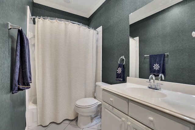 2630 Lakeforest Ct, Dallas, TX 75214 - bathroom with toilet, vanity, crown molding, shower / bath combo, and tile patterned floors