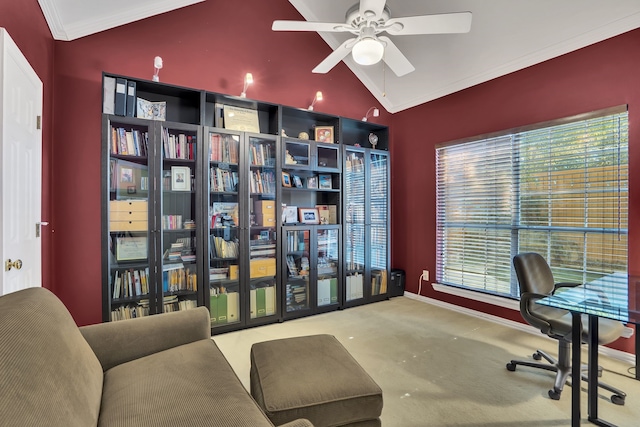 2630 Lakeforest Ct, Dallas, TX 75214 - carpeted office space featuring ornamental molding, ceiling fan, vaulted ceiling, and baseboards