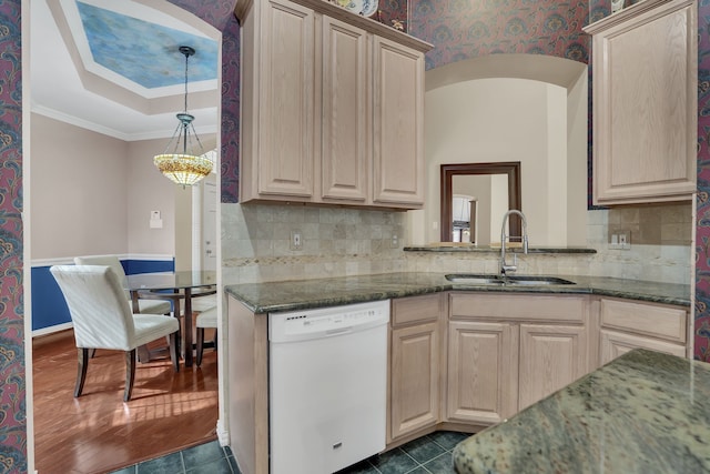 2630 Lakeforest Ct, Dallas, TX 75214 - kitchen featuring white dishwasher, a sink, light brown cabinets, backsplash, and ornamental molding