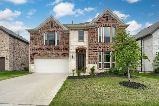 traditional-style home with concrete driveway, a front yard, stone siding, and a garage