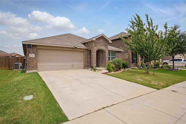 view of front of home featuring brick siding, a garage, fence, and concrete driveway