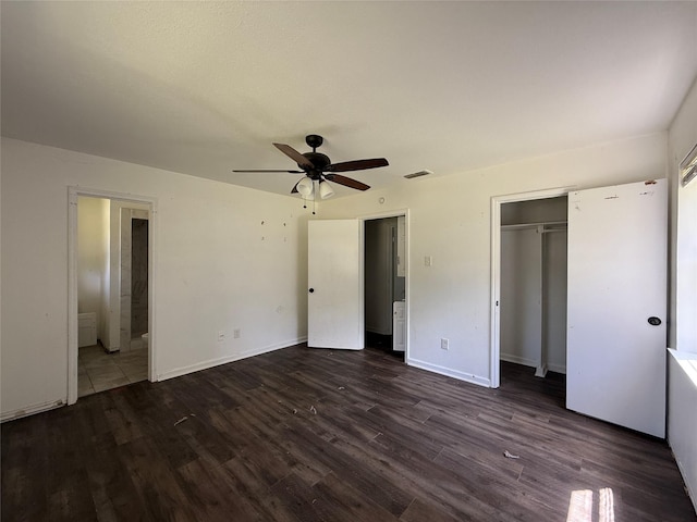 290 Dickard St, Hawkins, TX 75765 - unfurnished bedroom with visible vents, a ceiling fan, dark wood finished floors, and ensuite bath