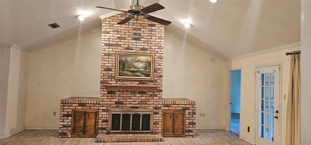 2 Woodfern Ln, Haughton, LA 71037 - unfurnished living room with visible vents, a ceiling fan, crown molding, and lofted ceiling