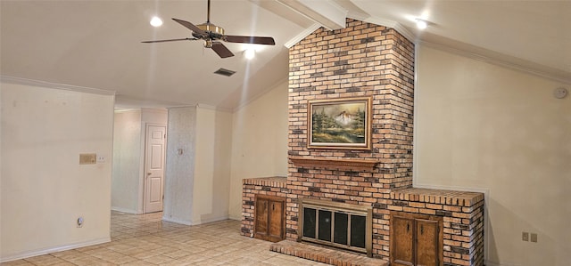 2 Woodfern Ln, Haughton, LA 71037 - unfurnished living room with ceiling fan, a brick fireplace, baseboards, beamed ceiling, and visible vents