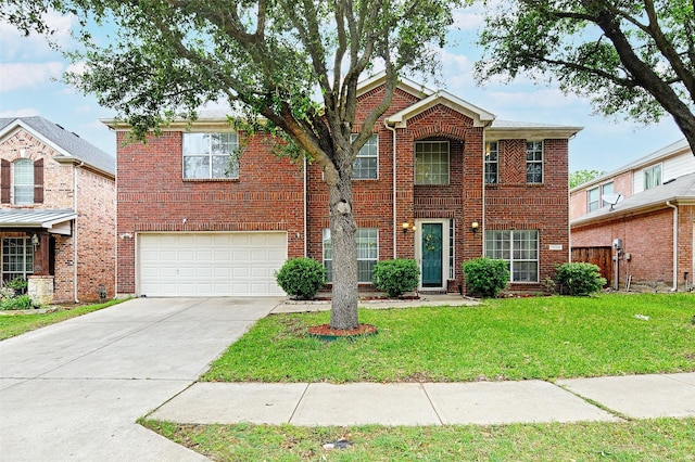 traditional-style house featuring a garage, a front lawn, fence, brick siding, and driveway