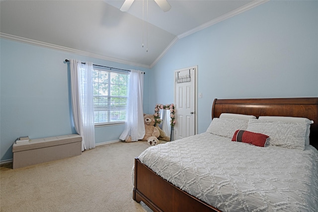 bedroom featuring ceiling fan, light colored carpet, crown molding, vaulted ceiling, and baseboards
