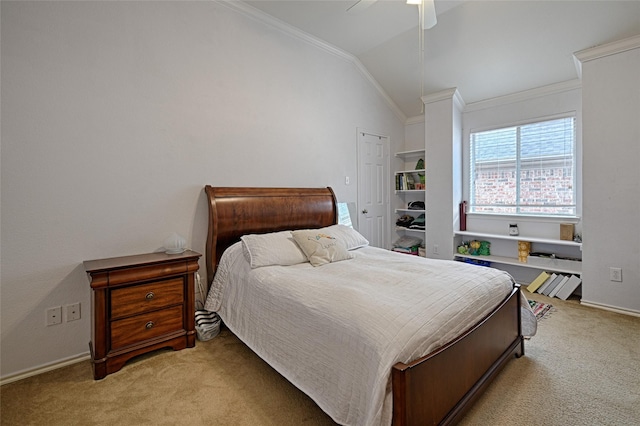 bedroom featuring baseboards, ornamental molding, vaulted ceiling, and light carpet