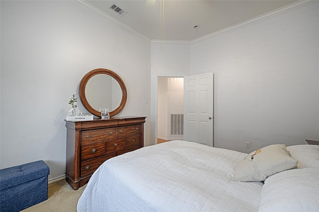 bedroom with light colored carpet, a ceiling fan, crown molding, and visible vents