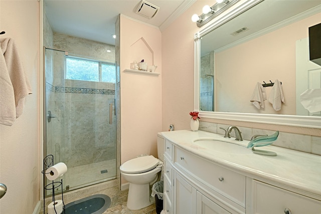 full bath featuring visible vents, ornamental molding, a stall shower, and toilet