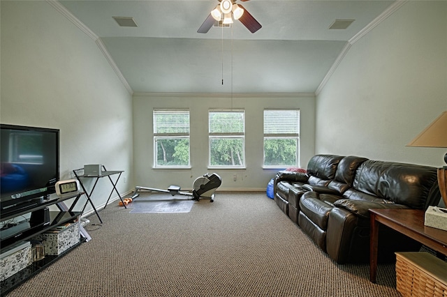 carpeted living room with a healthy amount of sunlight, baseboards, ceiling fan, and lofted ceiling