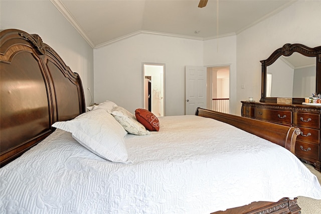 bedroom featuring crown molding, a ceiling fan, and lofted ceiling