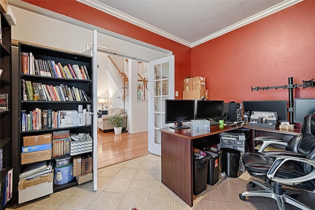 tiled office featuring ornamental molding