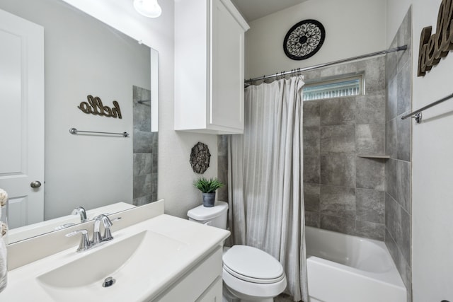 bathroom with vanity, shower / bathtub combination with curtain, and toilet