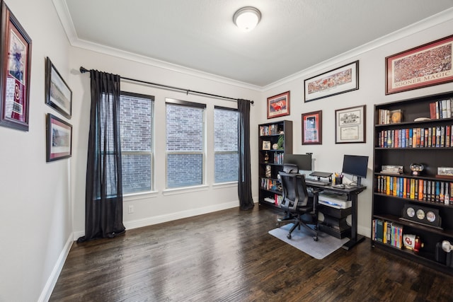 office space featuring crown molding, baseboards, and wood finished floors