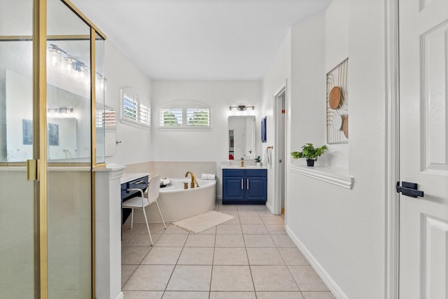 full bathroom with vanity, a shower stall, tile patterned floors, and a bath