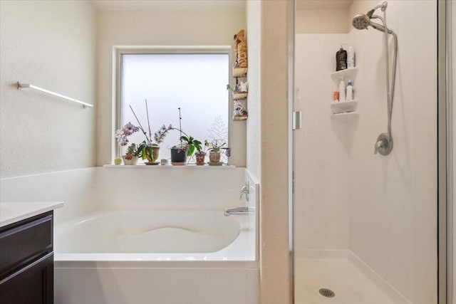 bathroom with vanity, a shower stall, and a bath
