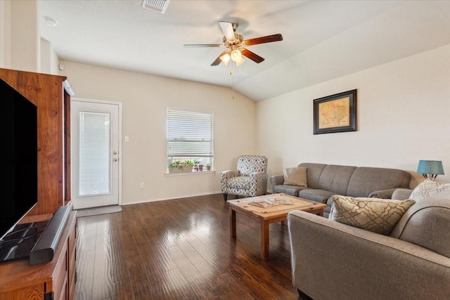living room with visible vents, lofted ceiling, baseboards, ceiling fan, and dark wood finished floors