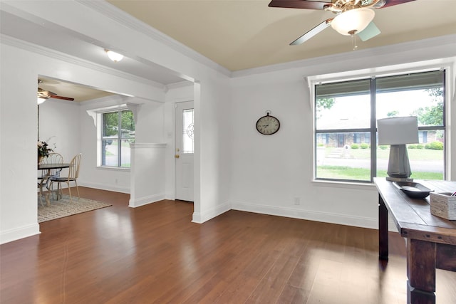 interior space featuring ceiling fan, ornamental molding, baseboards, and dark wood-type flooring