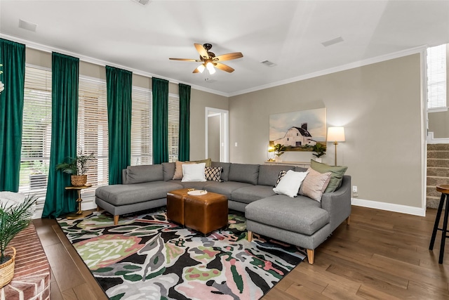 504 Glenbrook Ct, Southlake, TX 76092 - living room featuring ceiling fan, crown molding, wood finished floors, stairway, and baseboards