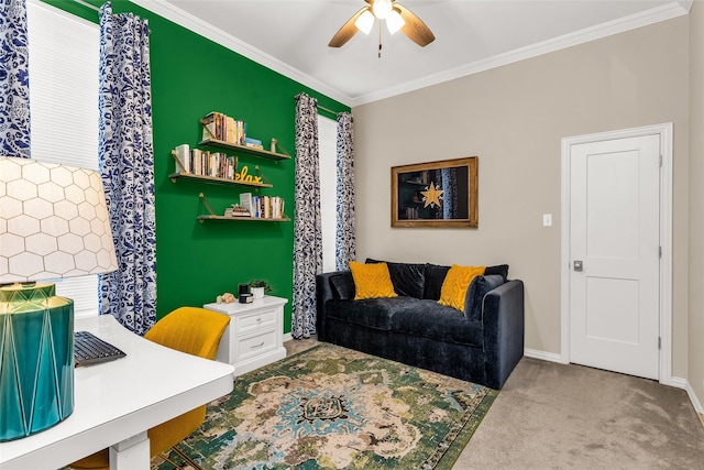 504 Glenbrook Ct, Southlake, TX 76092 - carpeted living room featuring a ceiling fan, baseboards, and ornamental molding