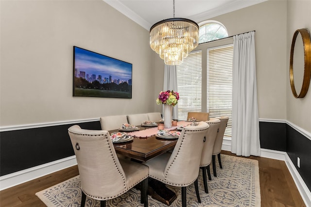 504 Glenbrook Ct, Southlake, TX 76092 - dining area with an inviting chandelier, ornamental molding, baseboards, and wood finished floors