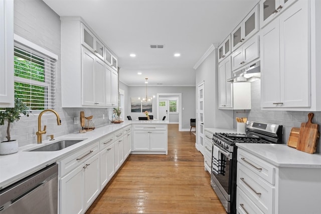 kitchen featuring visible vents, recessed lighting, under cabinet range hood, a sink, and appliances with stainless steel finishes