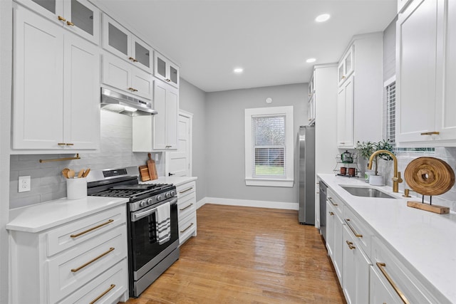 kitchen with a sink, stainless steel appliances, baseboards, backsplash, and under cabinet range hood