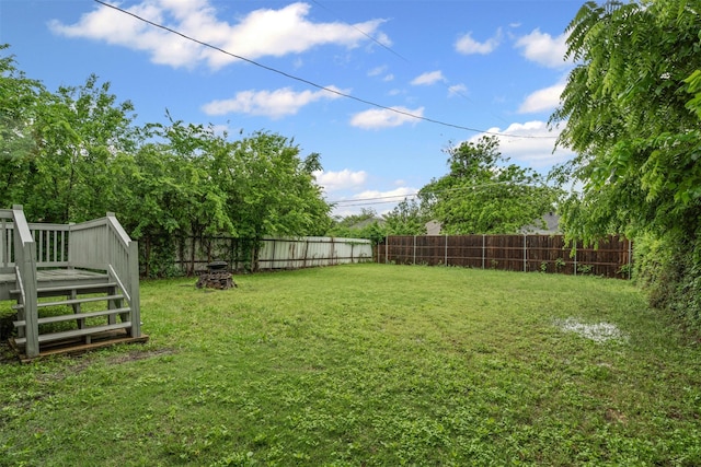 view of yard with a deck and a fenced backyard