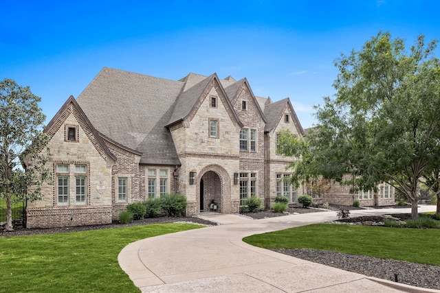 french country home with brick siding, a front yard, a shingled roof, and stone siding
