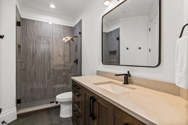 full bathroom with tile patterned flooring, a stall shower, vanity, toilet, and ornamental molding