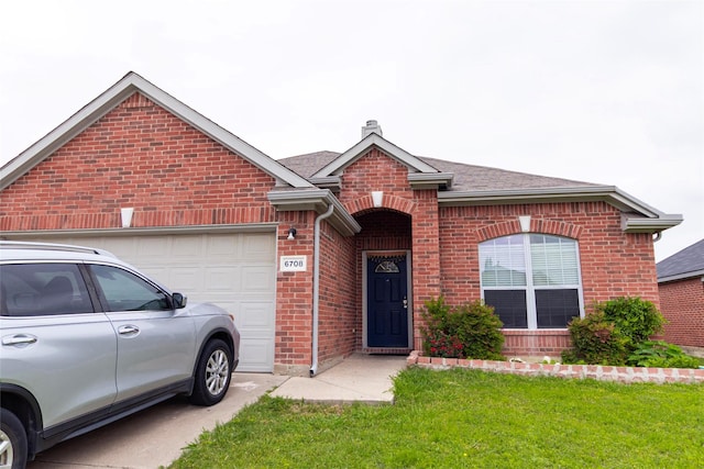 6708 Bison Trl, Watauga, TX 76137 - ranch-style home featuring a garage, a chimney, a front lawn, and brick siding