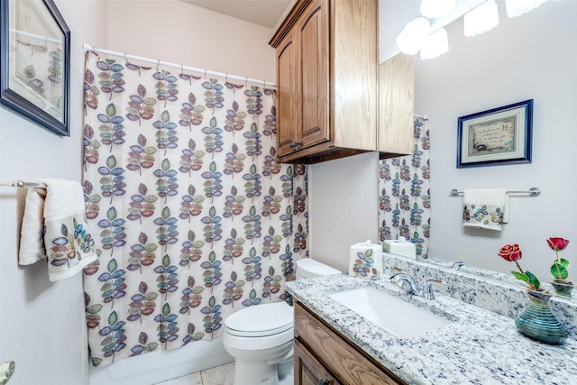 full bathroom with vanity, shower / bathtub combination with curtain, tile patterned floors, and toilet
