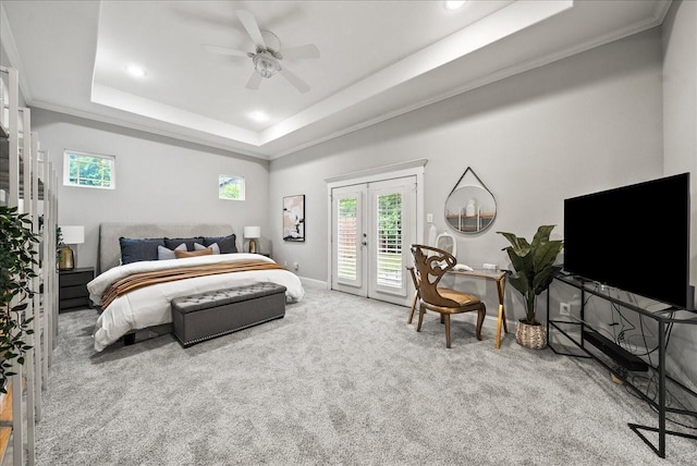 729 Rockwood St, Dallas, TX 75203 - carpeted bedroom featuring a raised ceiling, access to exterior, recessed lighting, baseboards, and ceiling fan