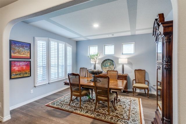 dining space featuring baseboards, recessed lighting, wood finished floors, and visible vents