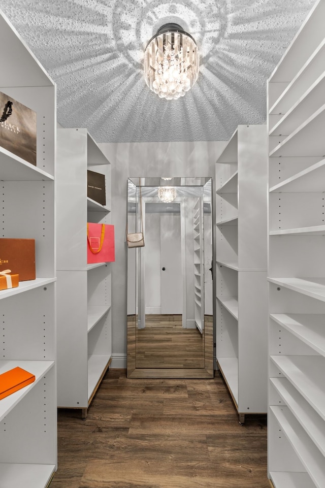 spacious closet featuring an inviting chandelier and wood finished floors