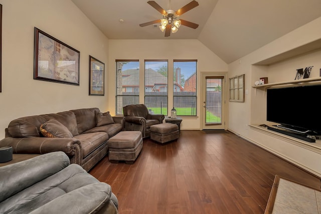living area featuring ceiling fan, dark wood-style flooring, and lofted ceiling