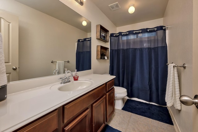 full bathroom with tile patterned flooring, visible vents, vanity, toilet, and a shower with shower curtain
