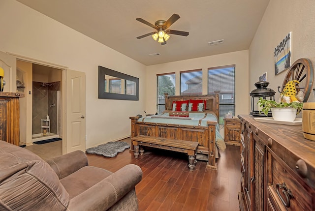 bedroom with visible vents, ceiling fan, and wood finished floors