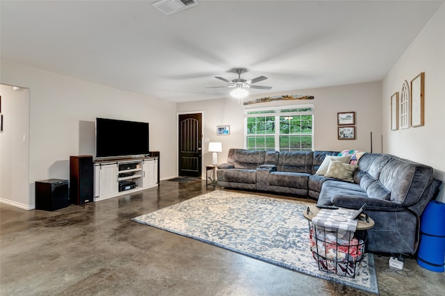 399 Wild Hill Oak Dr, Springtown, TX 76082 - living room featuring baseboards, ceiling fan, concrete floors, and visible vents