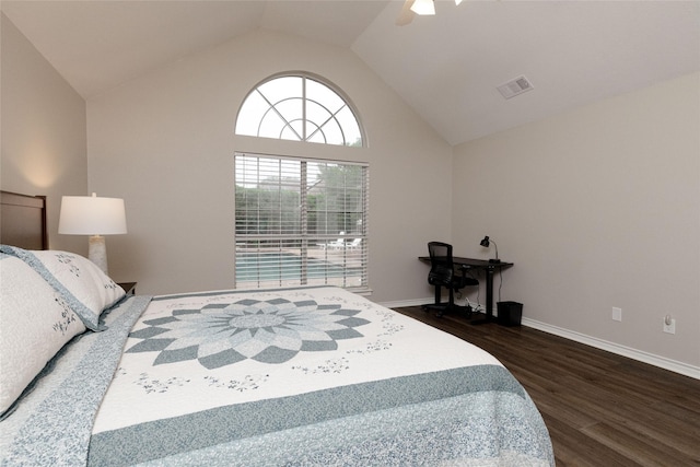 bedroom featuring baseboards, a ceiling fan, dark wood finished floors, and high vaulted ceiling