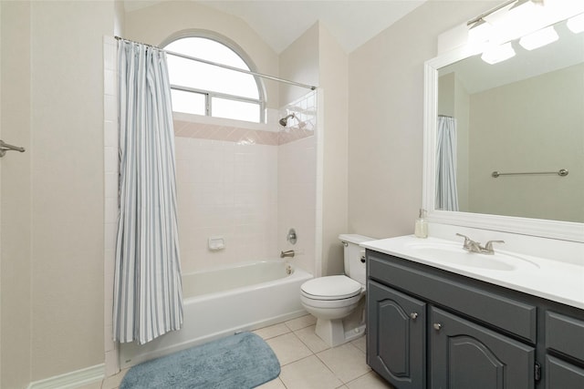 full bathroom with vanity, tile patterned flooring, toilet, and shower / tub combo
