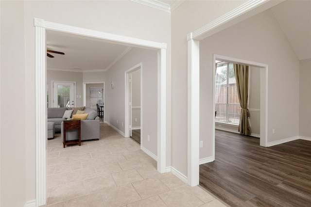hallway with crown molding, baseboards, and a healthy amount of sunlight