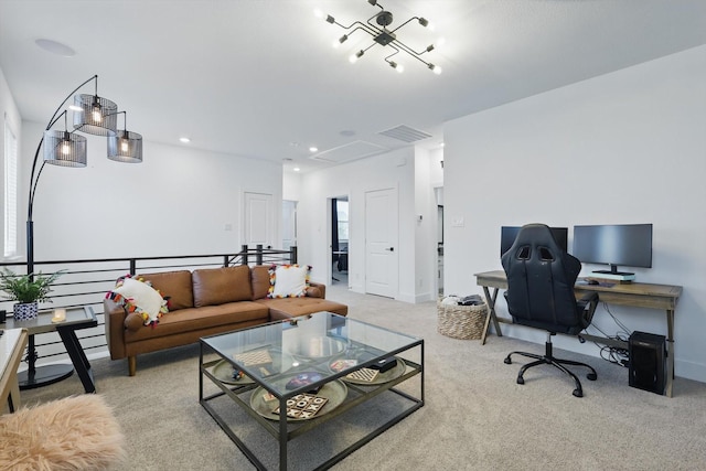 living area with carpet floors, attic access, visible vents, and recessed lighting