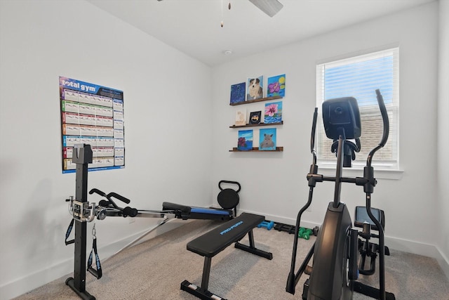 workout area featuring baseboards, carpet floors, and ceiling fan